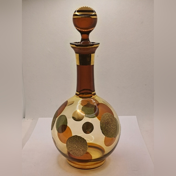 Vintage 60s Amber Czech Art Glass Liquor Decanter & Stopper - Picture 1 of 8